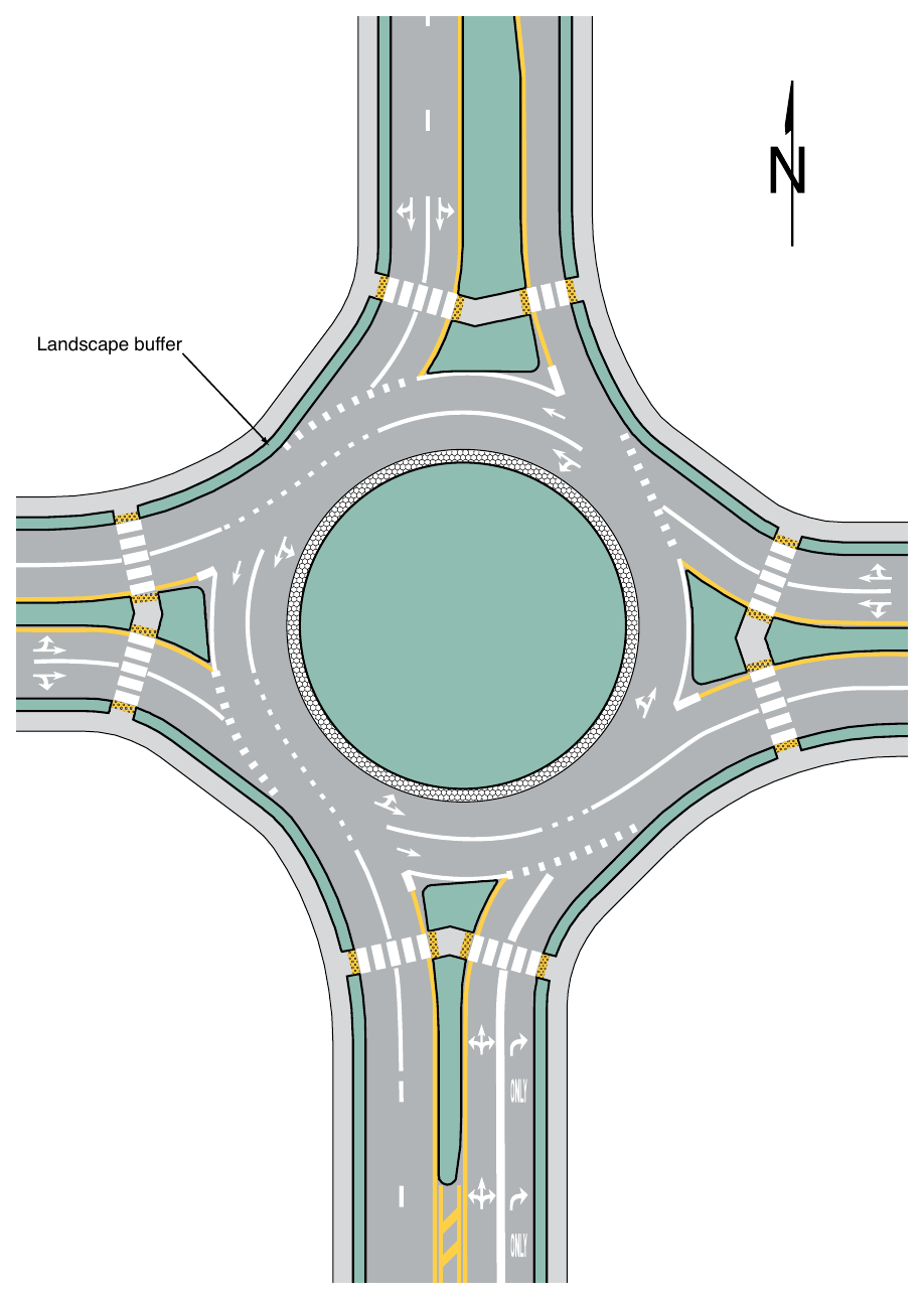 Figure 3D-7. Example of Markings for a Two-Lane Roundabout with a Double Right Turn