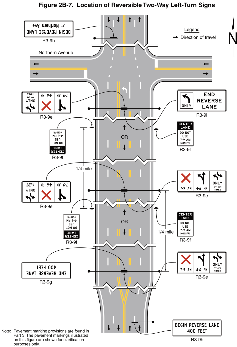 Figure 2B-7. Location of Reversible Two-Way Left-Turn Signs