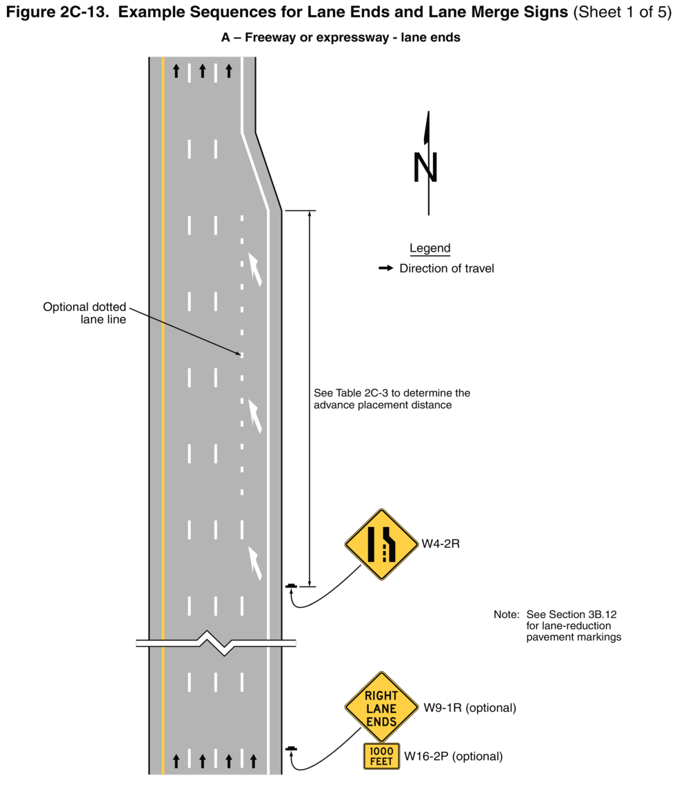 Figure 2C-13. Example Sequences for Lane Ends and Lane Merge Signs (Sheet 1 of 5)