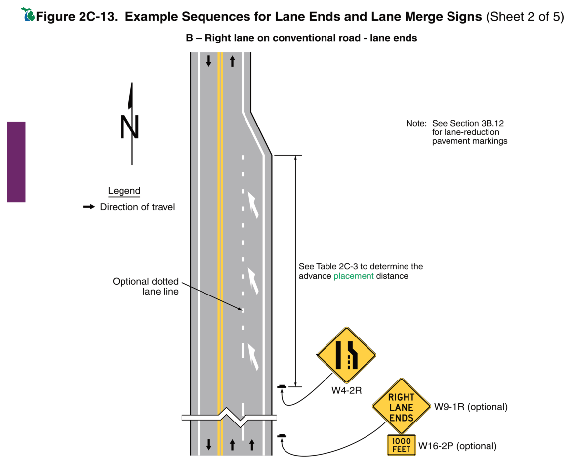 Figure 2C-13. Example Sequences for Lane Ends and Lane Merge Signs (Sheet 2 of 5)