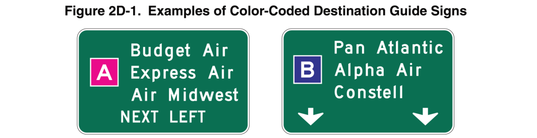 Figure 2D-1. Examples of Color-Coded Destination Guide Signs