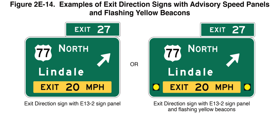 Figure 2E-14. Examples of Exit Direction Signs with Advisory Speed Panels and Flashing Yellow Beacons