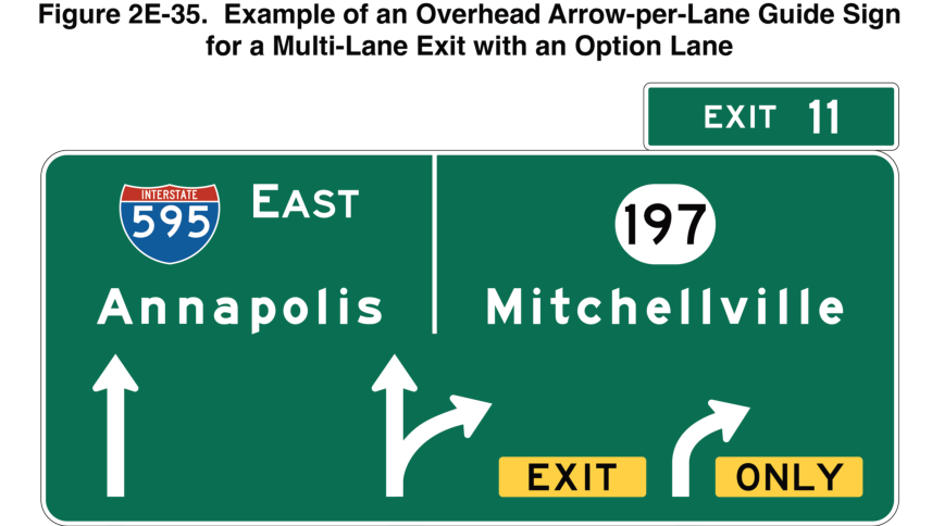 Figure 2E-35. Example of an Overhead Arrow-per-Lane Guide Sign for a Multi-Lane Exit with an Option Lane