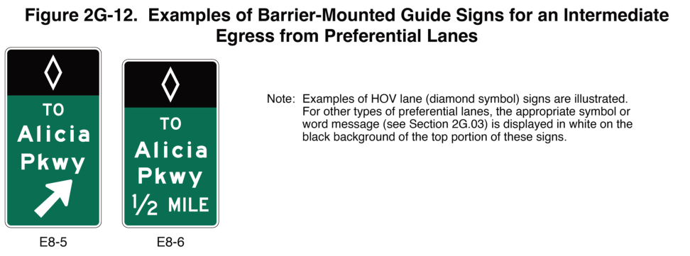 Figure 2G-12. Examples of Barrier-Mounted Guide Signs for an Intermediate Egress from Preferential Lanes