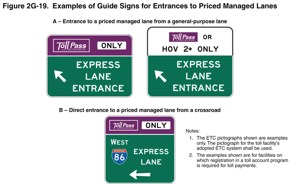 Figure 2G-19. Examples of Guide Signs for Entrances to Priced Managed Lanes