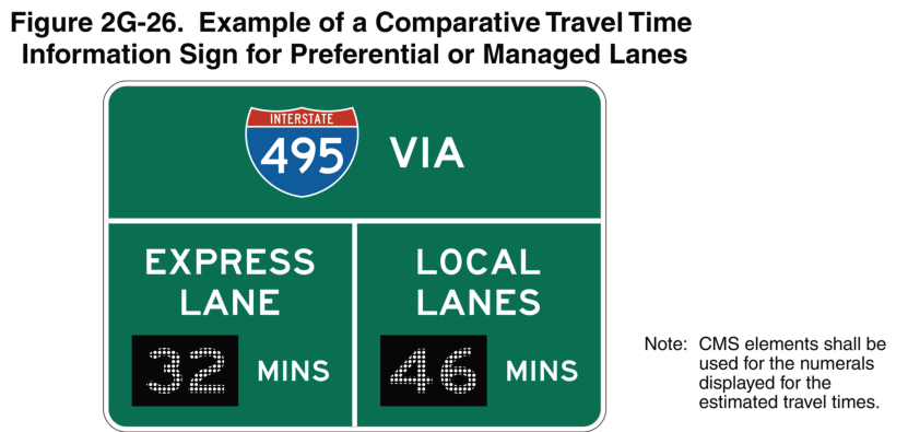 Figure 2G-26. Example of a Comparative Travel Time Information Sign for Preferential or Managed Lanes