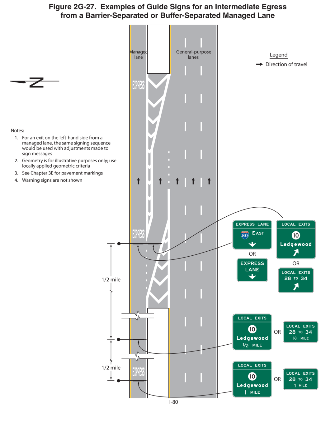 Figure 2G-27. Examples of Guide Signs for an Intermediate Egress from a Barrier-Separated or Buffer-Separated Managed Lane