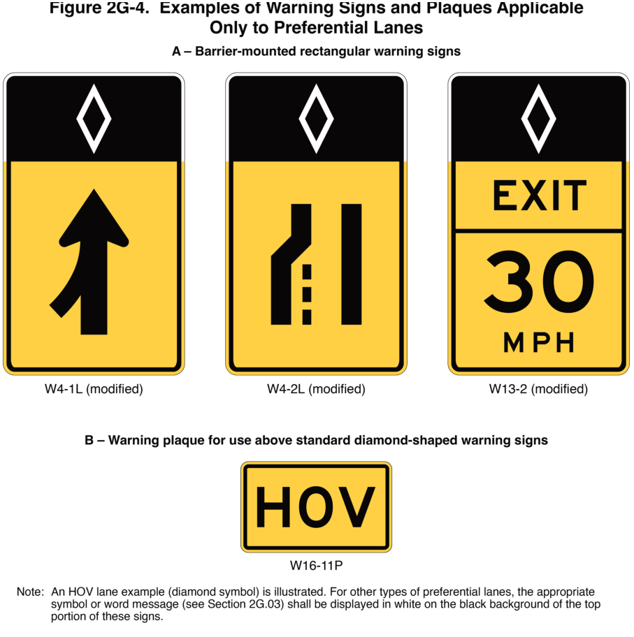 Figure 2G-4. Examples of Warning Signs and Plaques Applicable Only to Preferential Lanes