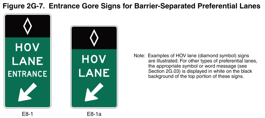 Figure 2G-7. Entrance Gore Signs for Barrier-Separated Preferential Lanes