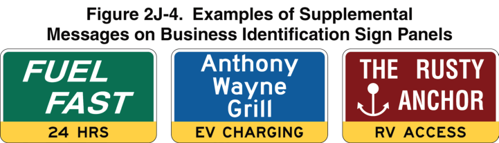 Figure 2J-4. Examples of Supplemental Messages on Business Identification Sign Panels