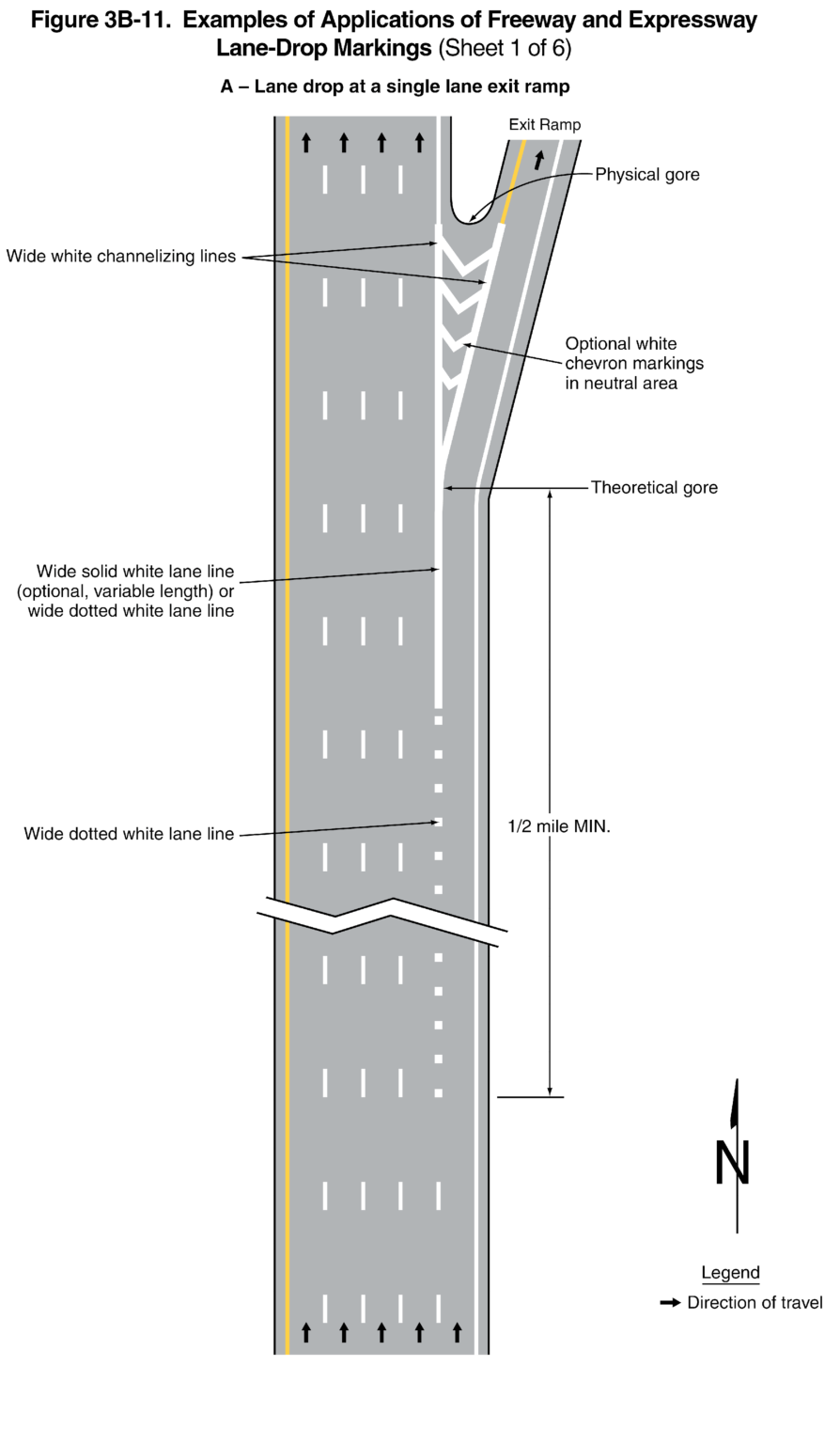 Figure 3B-11. Examples of Applications of Freeway and Expressway Lane-Drop Markings
