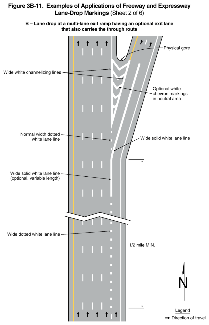 Figure 3B-11. Examples of Applications of Freeway and Expressway Lane-Drop Markings (Sheet 2 of 6)