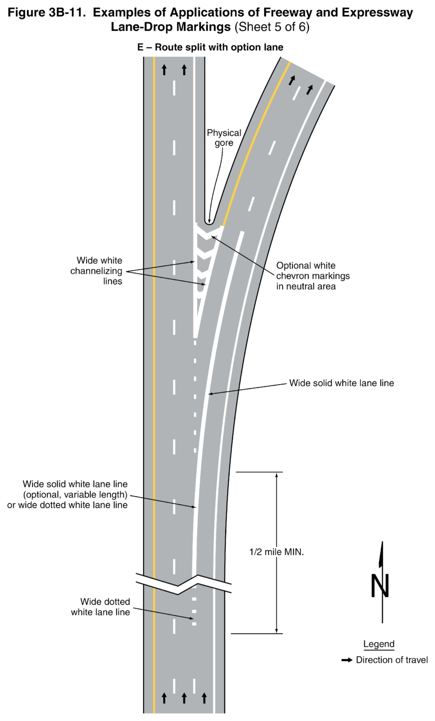 Figure 3B-11. Examples of Applications of Freeway and Expressway Lane-Drop Markings (Sheet 5 of 6)
