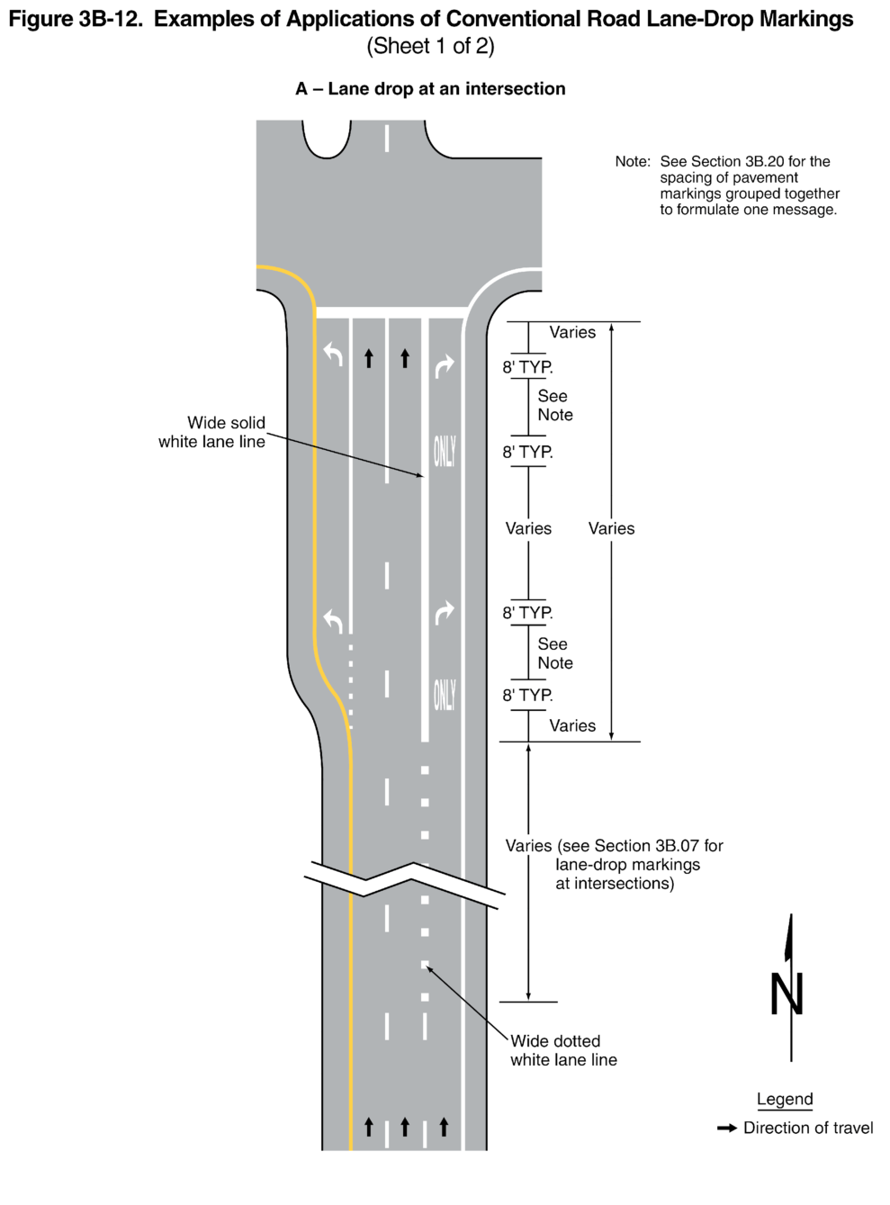 Figure 3B-12. Examples of Applications of Conventional Road Lane-Drop Markings