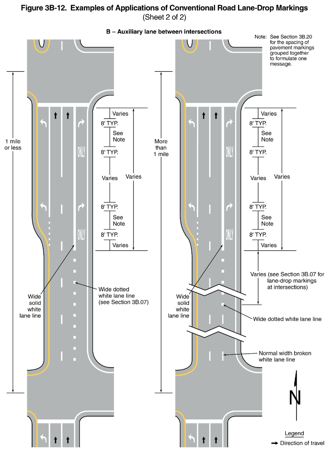 Figure 3B-12. Examples of Applications of Conventional Road Lane-Drop Markings (Sheet 2 of 2)