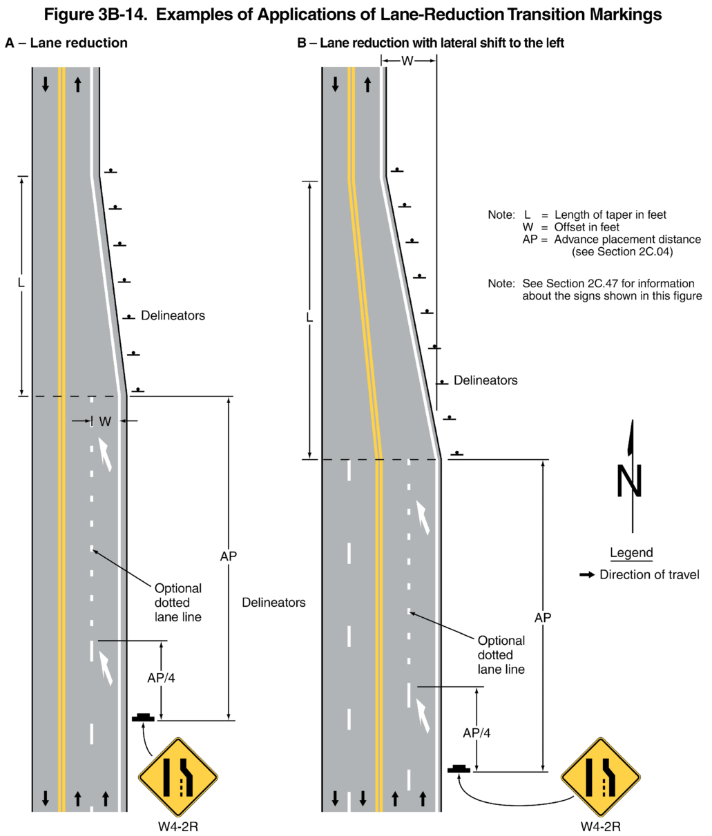 Figure 3B-14. Examples of Applications of Lane-Reduction Transition Markings