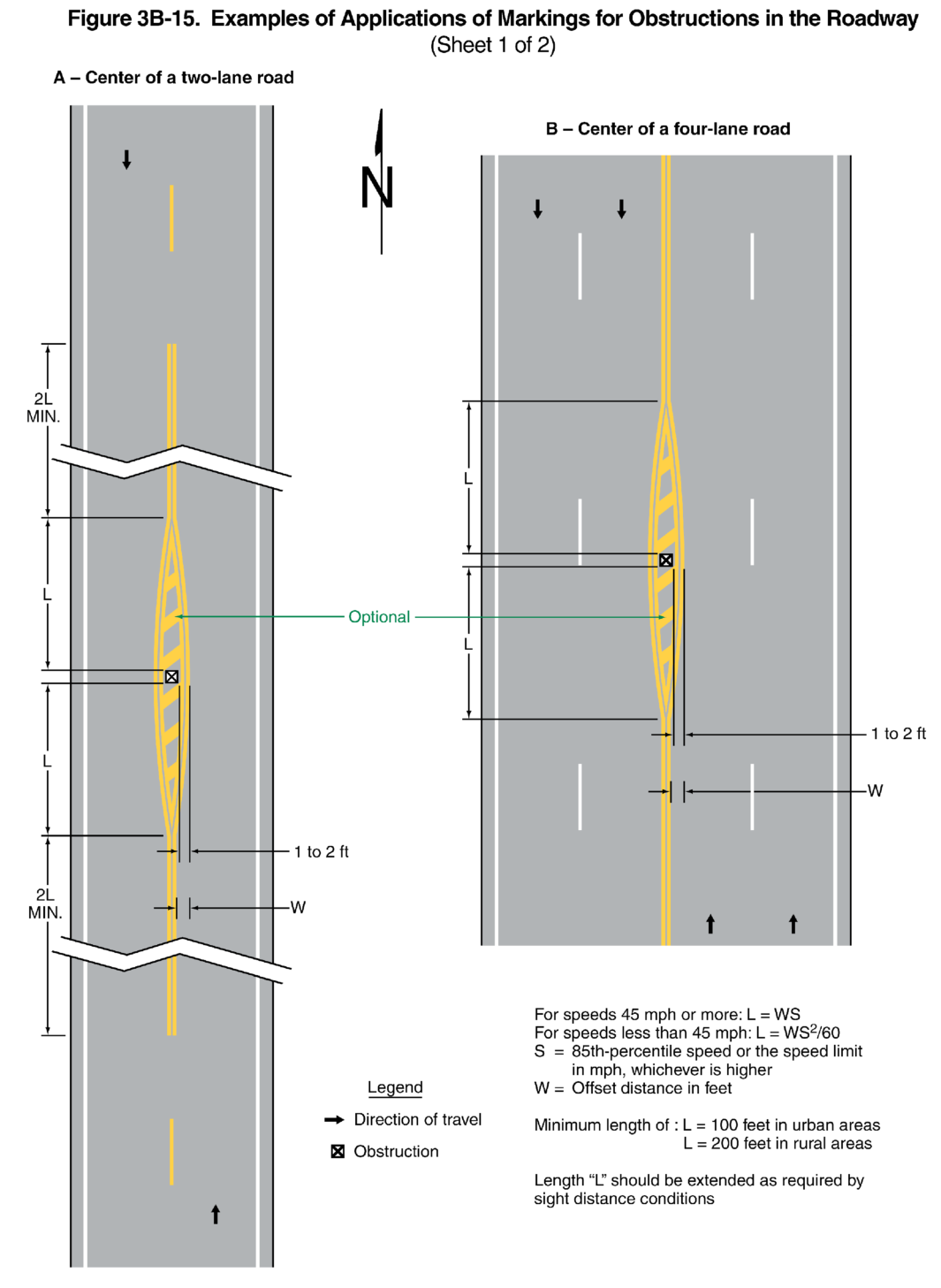 Figure 3B-15. Examples of Applications of Markings for Obstructions in the Roadway