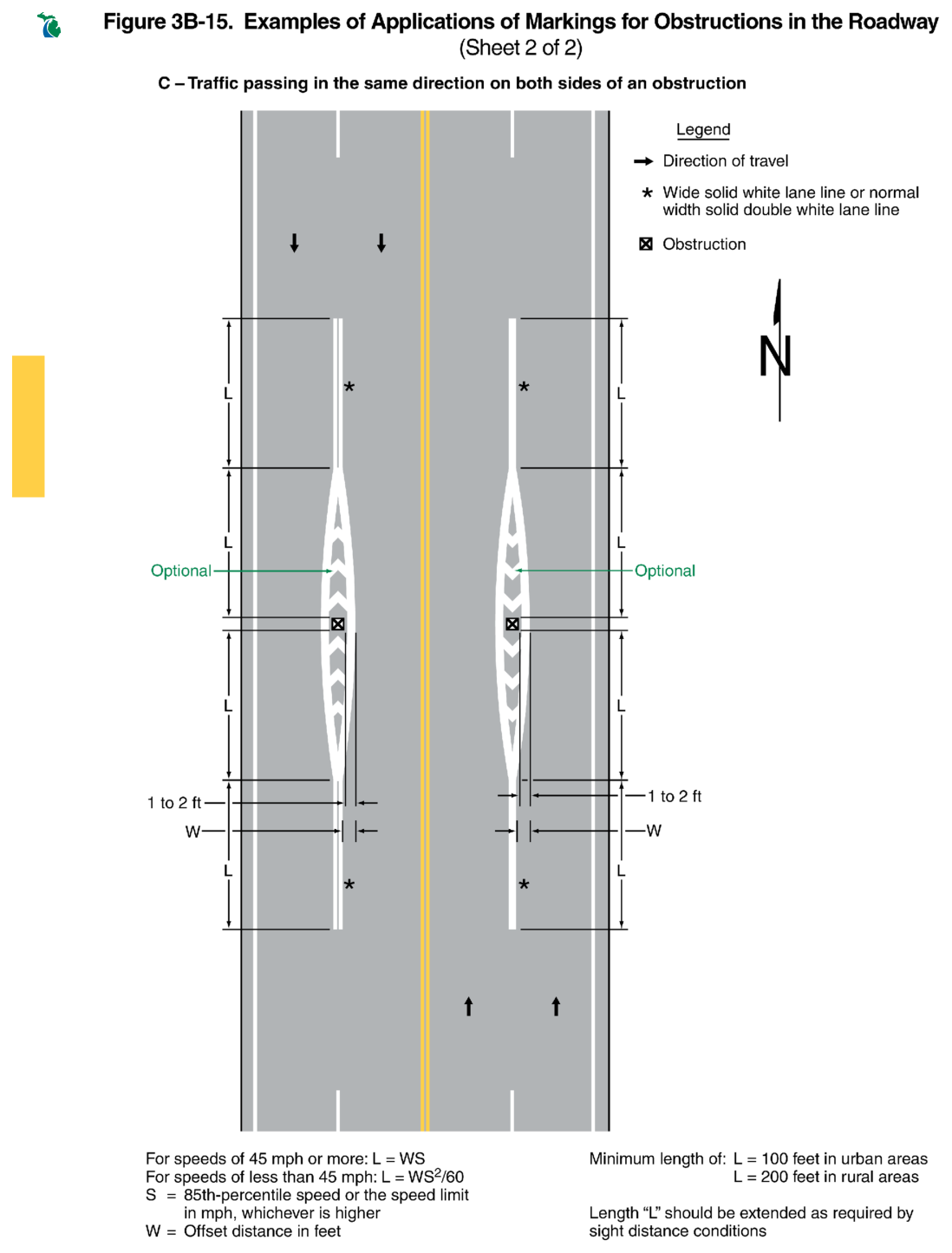 Figure 3B-15. Examples of Applications of Markings for Obstructions in the Roadway (Sheet 2 of 2)