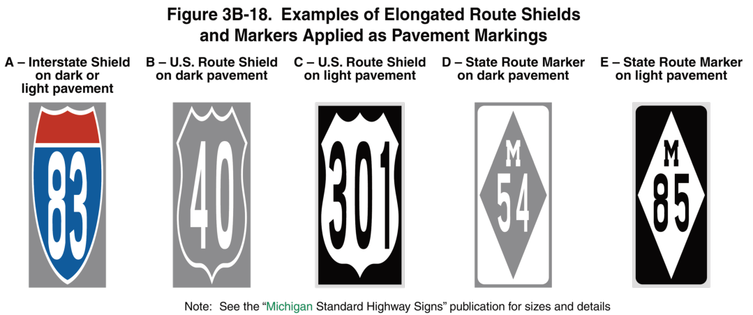 Figure 3B-18. Examples of Elongated Route Shields and Markers Applied as Pavement Markings