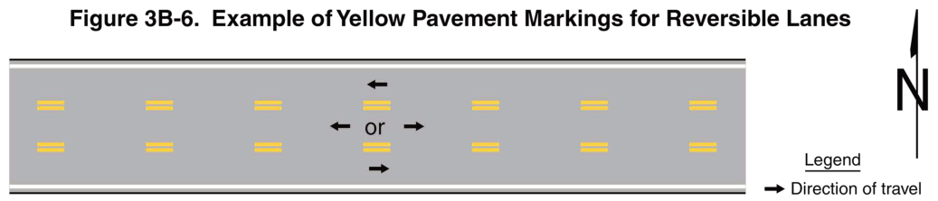 Figure 3B-6. Example of Yellow Pavement Markings for Reversible Lanes