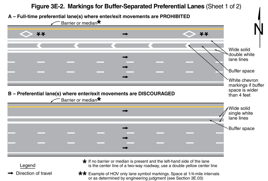 Figure 3E-2. Markings for Buffer-Separated Preferential Lanes (Sheet 1 of 2)