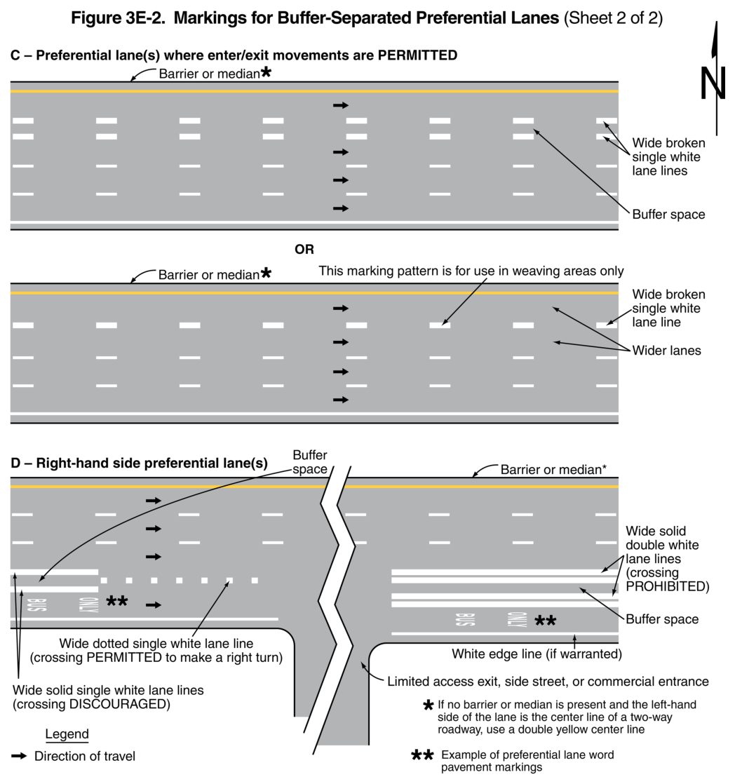 Figure 3E-2. Markings for Buffer-Separated Preferential Lanes (Sheet 2 of 2)