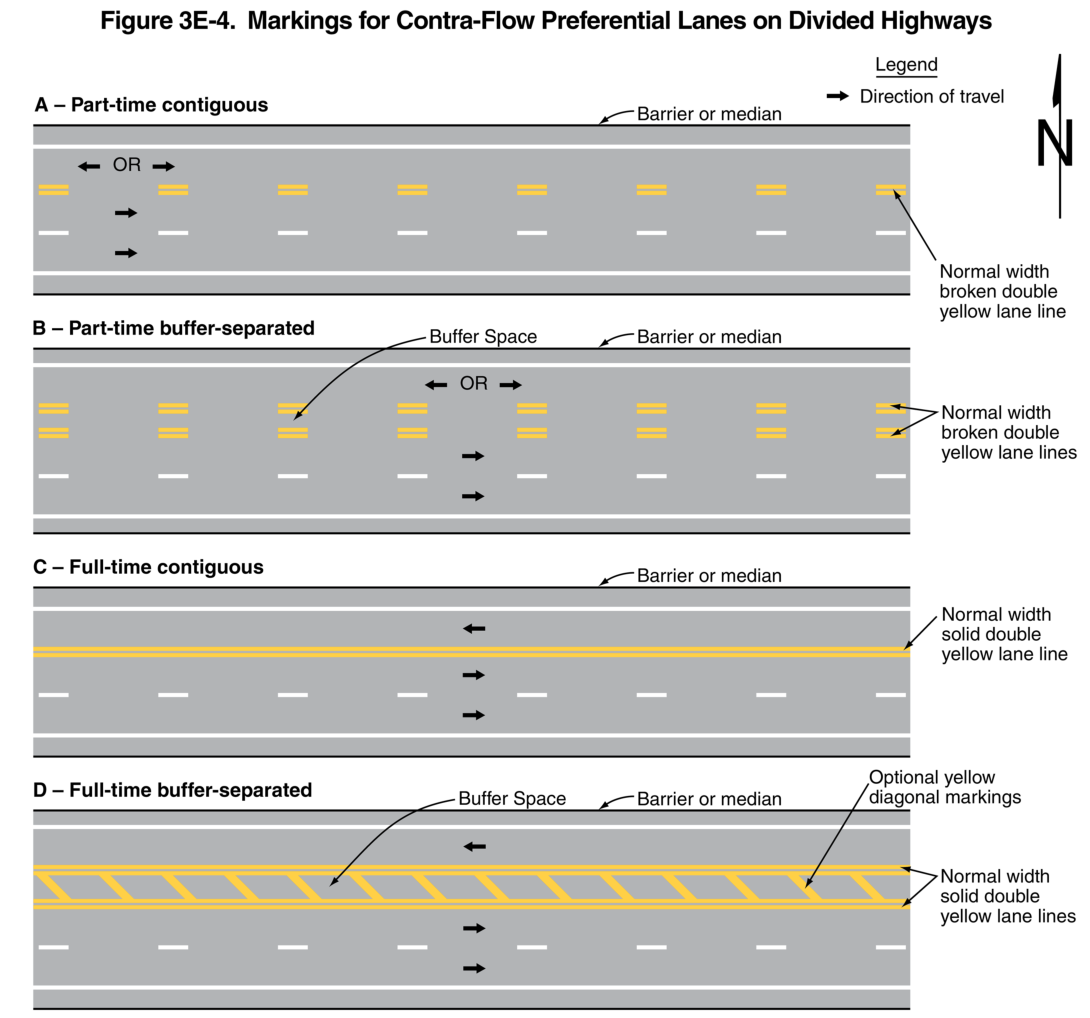 Figure 3E-4. Markings for Counter-Flow Preferential Lanes on Divided Highways