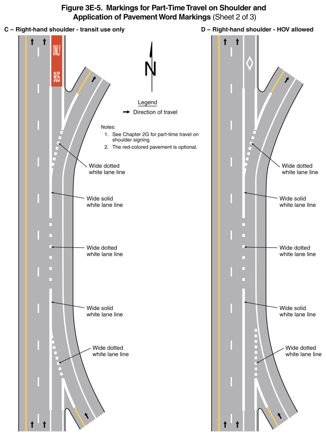 Figure 3E-5. Markings for Part-Time Travel on Shoulder and Application of Pavement Word Markings (Sheet 2 of 3)