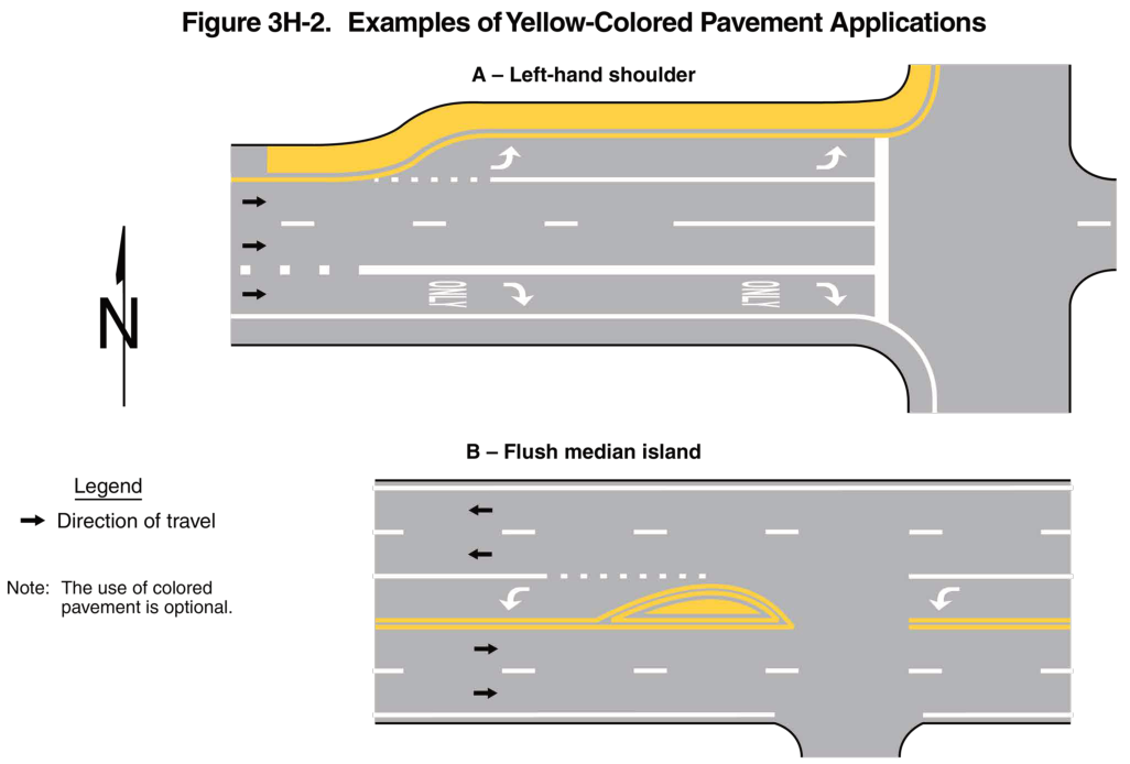 Figure 3H-2. Examples of Yellow-Colored Pavement Applications