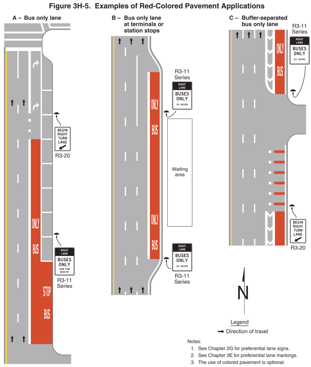 Figure 3H-5. Examples of Red-Colored Pavement Applications