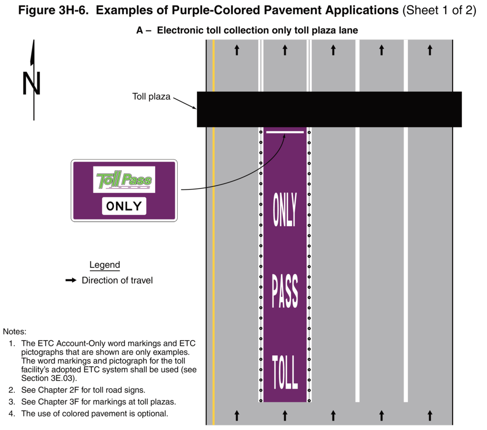 Figure 3H-6. Examples of Purple-Colored Pavement Applications (Sheet 1 of 2)