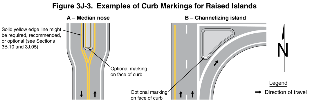 Figure 3J-3. Examples of Curb Markings for Raised Islands