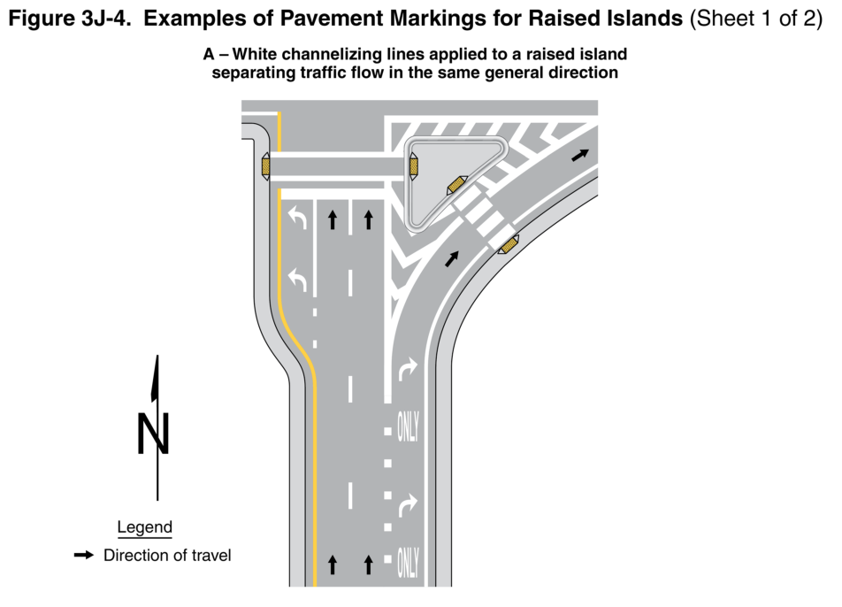 Figure 3J-4. Examples of Pavement Markings for Raised Islands (Sheet 1 of 2)