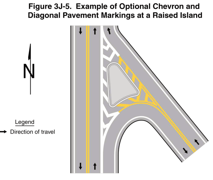 Figure 3J-5. Example of Optional Chevron and Diagonal Pavement Markings at a Raised Island