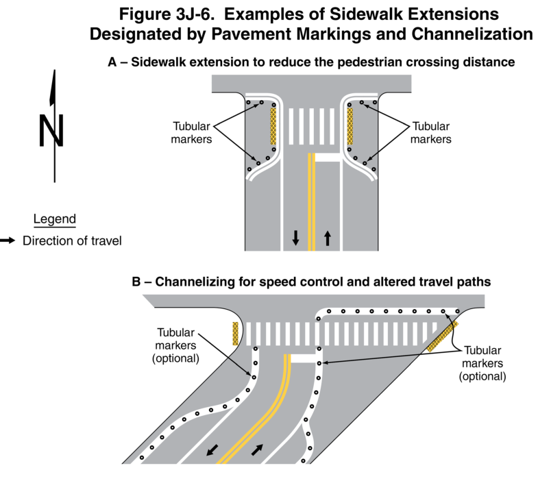 Figure 3J-6. Examples of Sidewalk Extensions Designated by Pavement Markings and Channelization