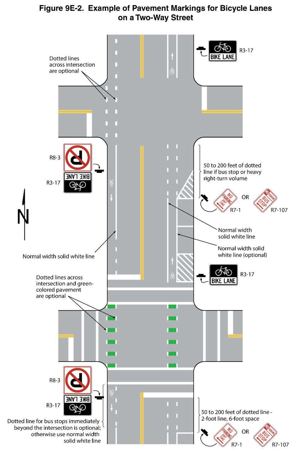 Figure 9E-2. Example of Pavement Markings for Bicycle Lanes on a Two-Way Street