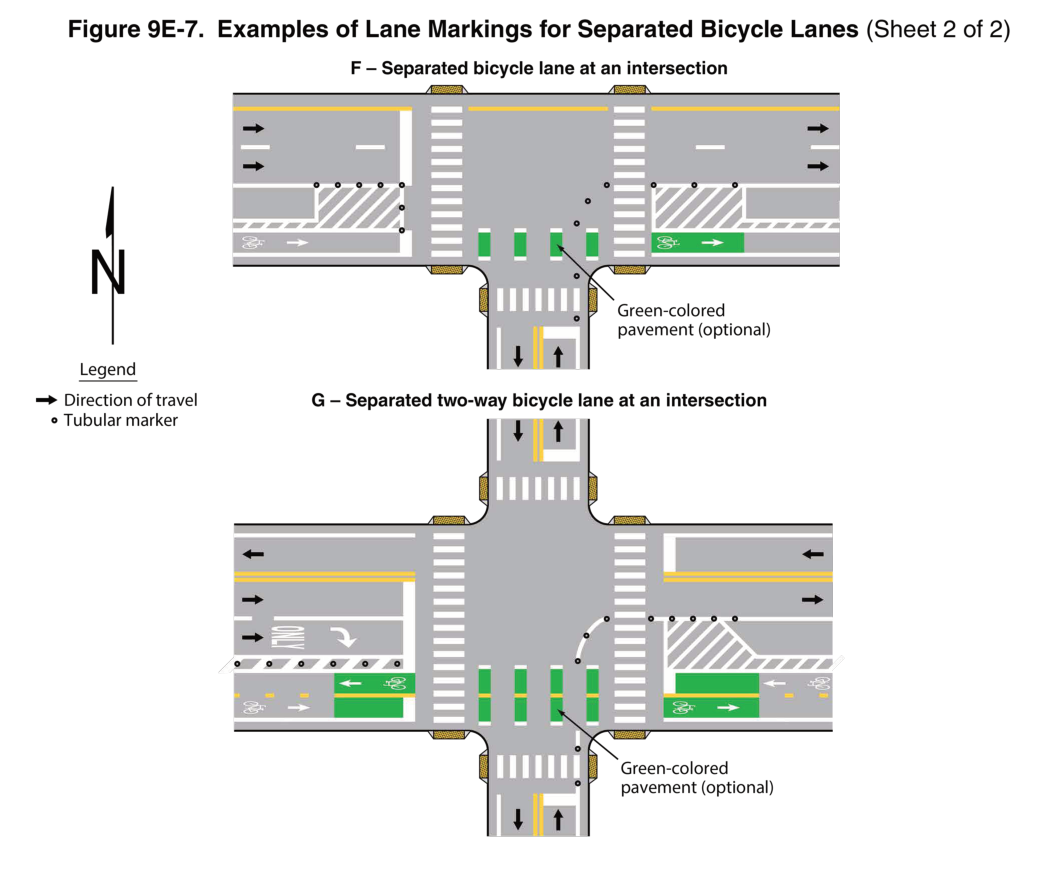 Figure 9E-7. Examples of Lane Markings for Separated Bicycle Lanes (Sheet 2)