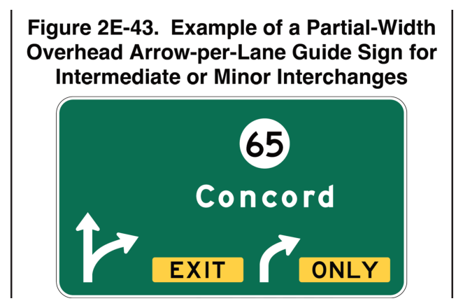 Figure 2E-43. Example of a Partial-Width Overhead Arrow-per-Lane Guide Sign for Intermediate or Minor Interchanges