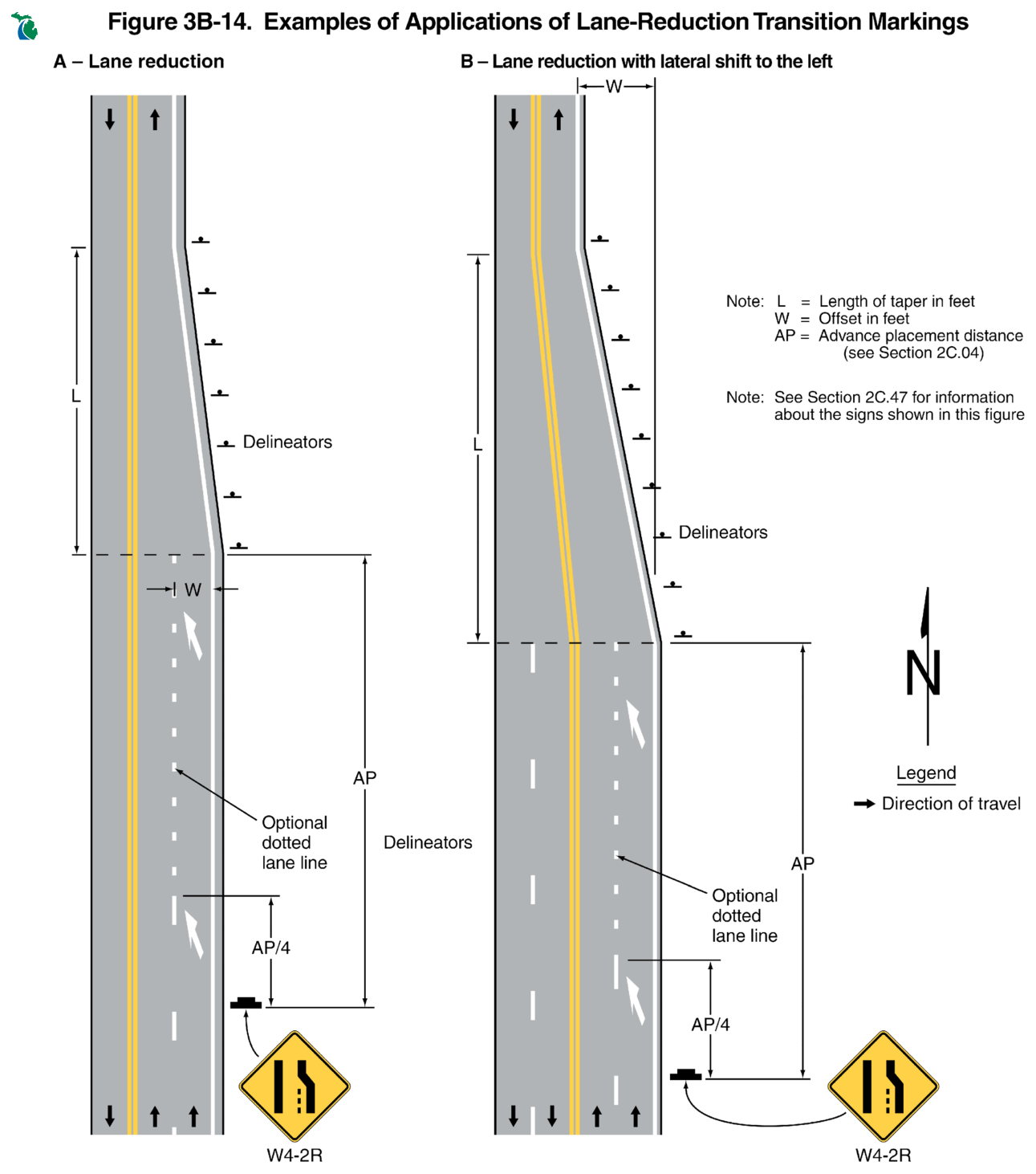 Figure 3B-14. Examples of Applications of Lane-Reduction Transition Markings