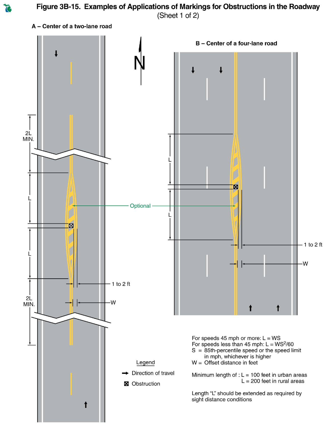 Figure 3B-15. Examples of Applications of Markings for Obstructions in the Roadway (Sheet 1 of 2)