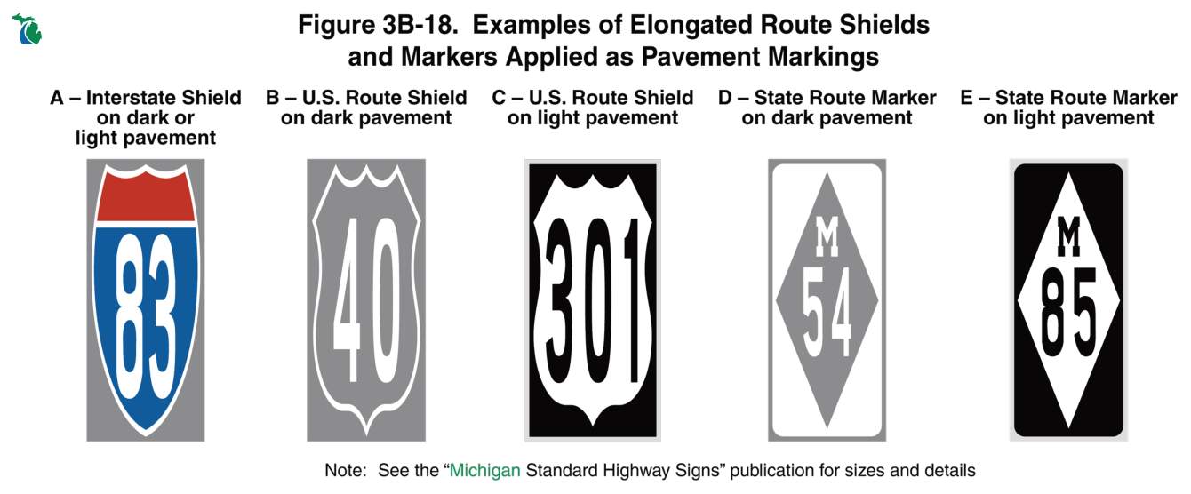 Figure 3B-18. Examples of Elongated Route Shields and Markers Applied as Pavement Markings