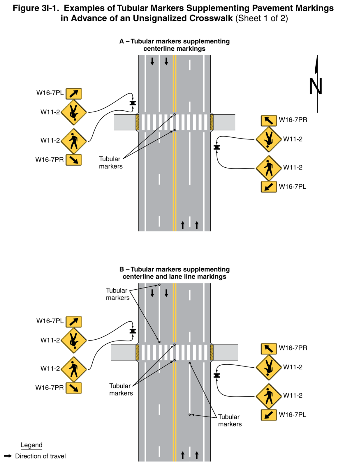 Figure 3I-1. Examples of Tubular Markers Supplementing Pavement Markings in Advance of an Unsignalized Crosswalk (Sheet 1 of 2)
