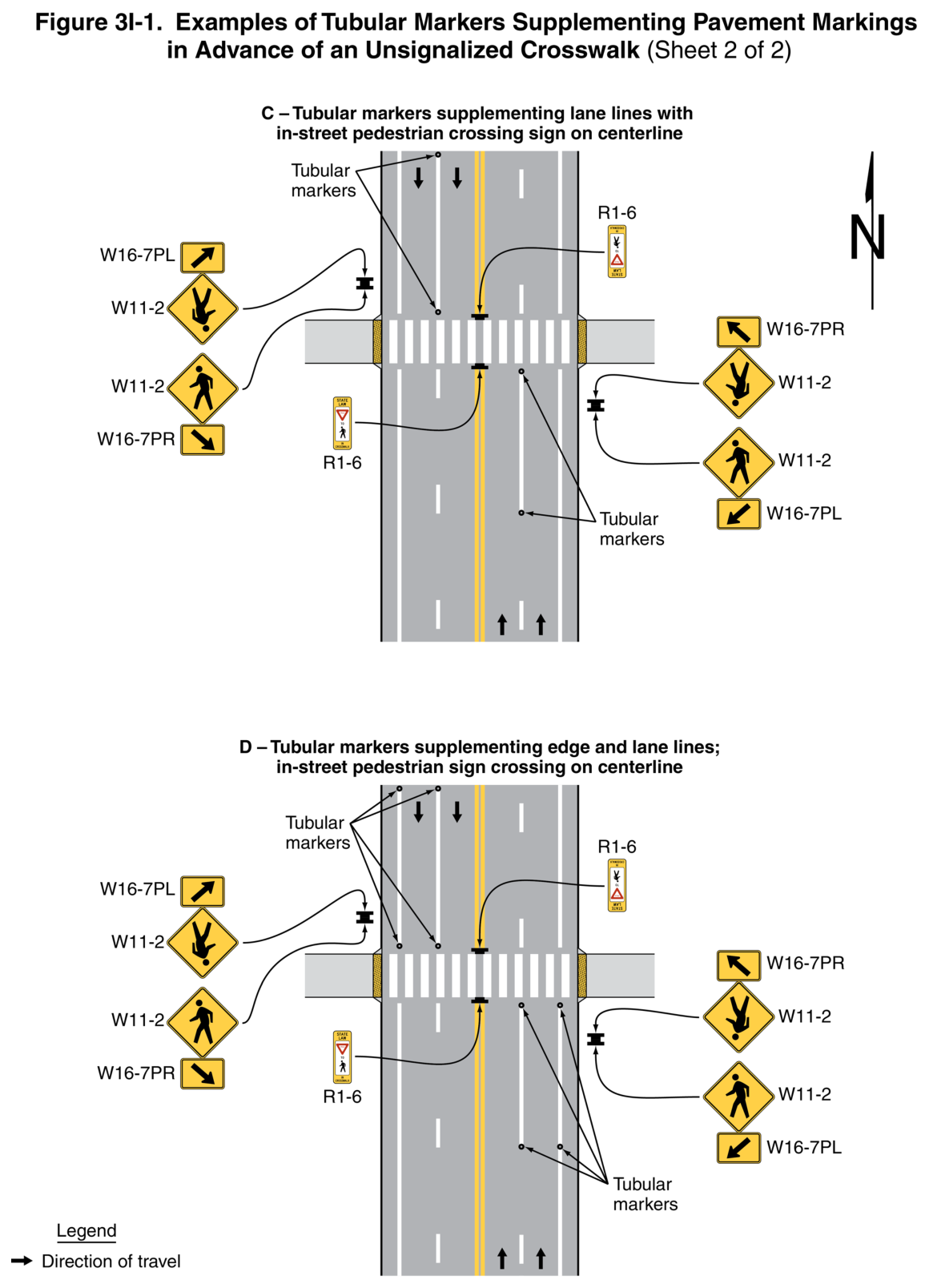 Figure 3I-1. Examples of Tubular Markers Supplementing Pavement Markings in Advance of an Unsignalized Crosswalk (Sheet 2 of 2)