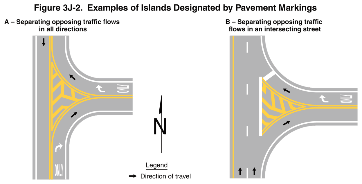 Figure 3J-2. Examples of Islands Designated by Pavement Markings