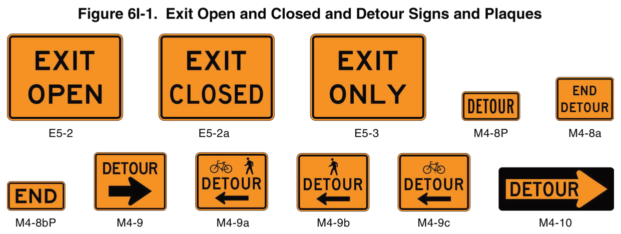 Figure 6I-1. Exit Open and Closed and Detour Signs and Plaques