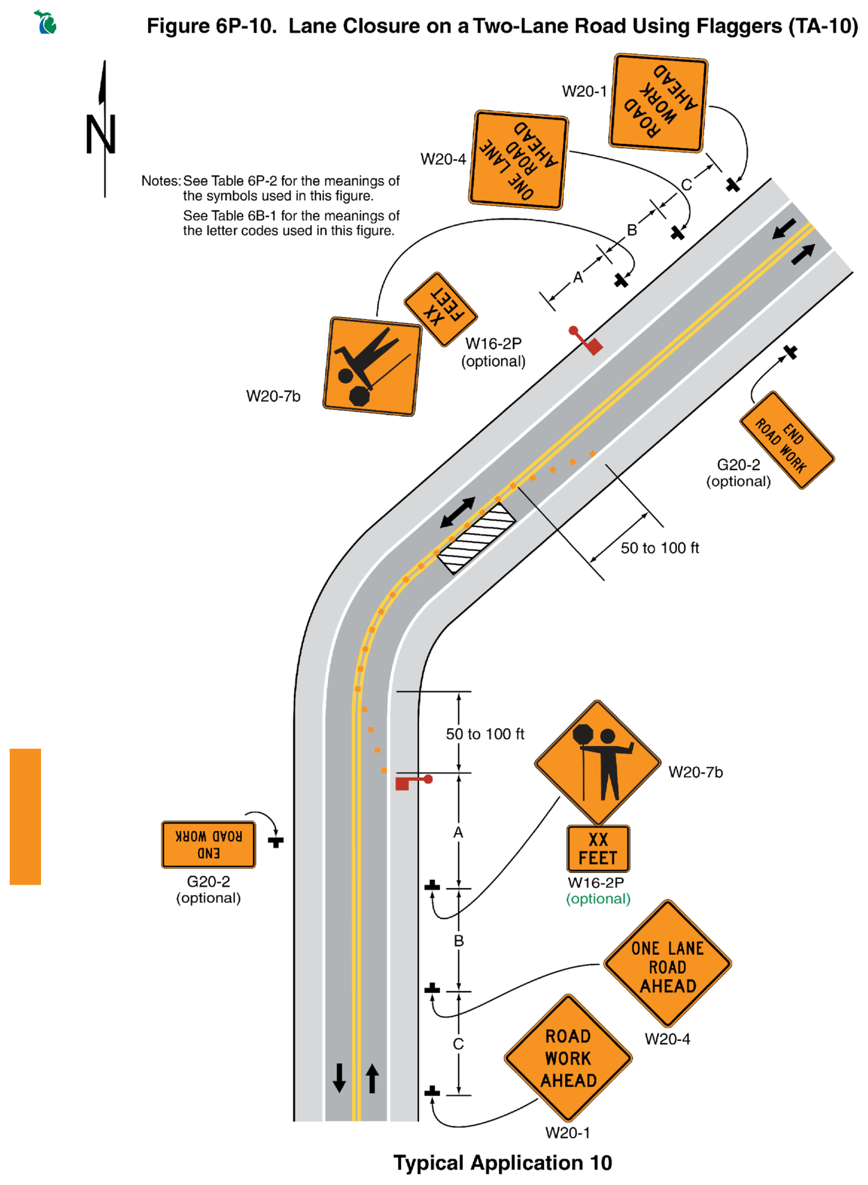 Figure 6P-10. Lane Closure on a Two-Lane Road Using Flaggers (TA-10)