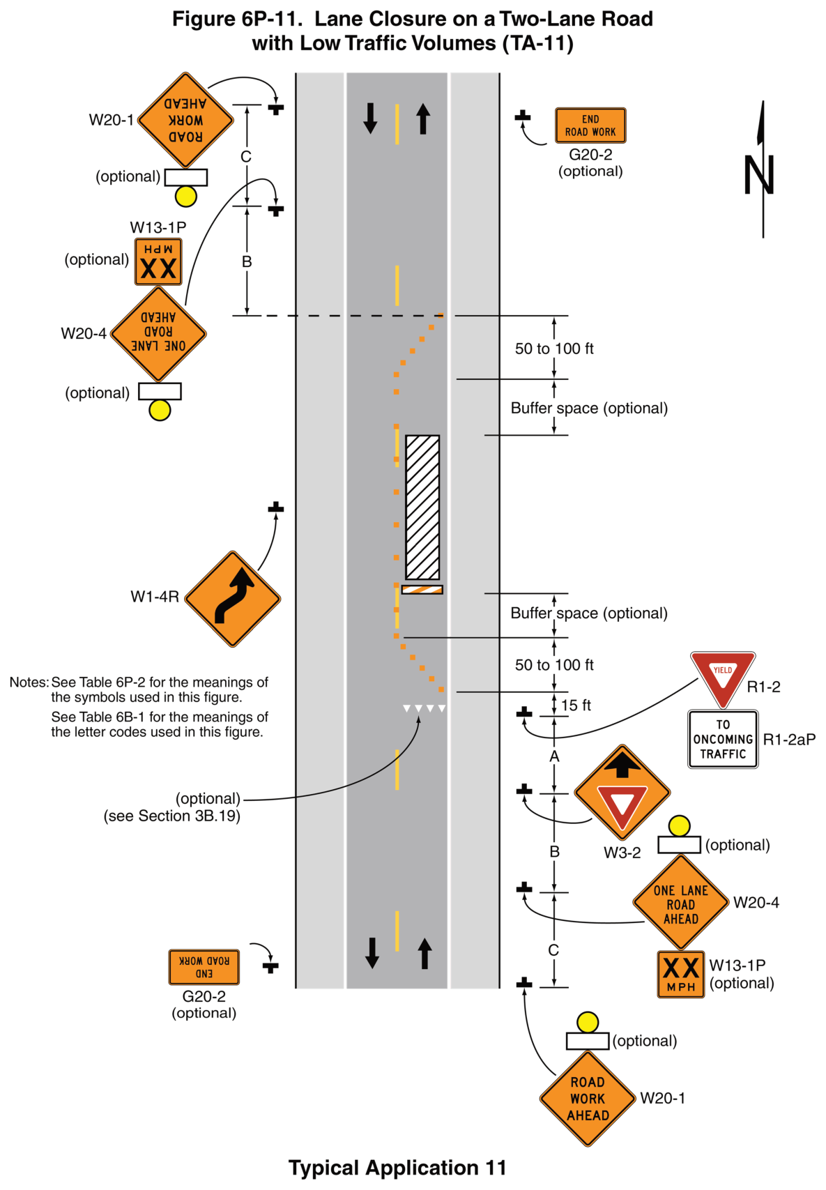 Figure 6P-11. Lane Closure on a Two-Lane Road with Low Traffic Volumes (TA-11)
