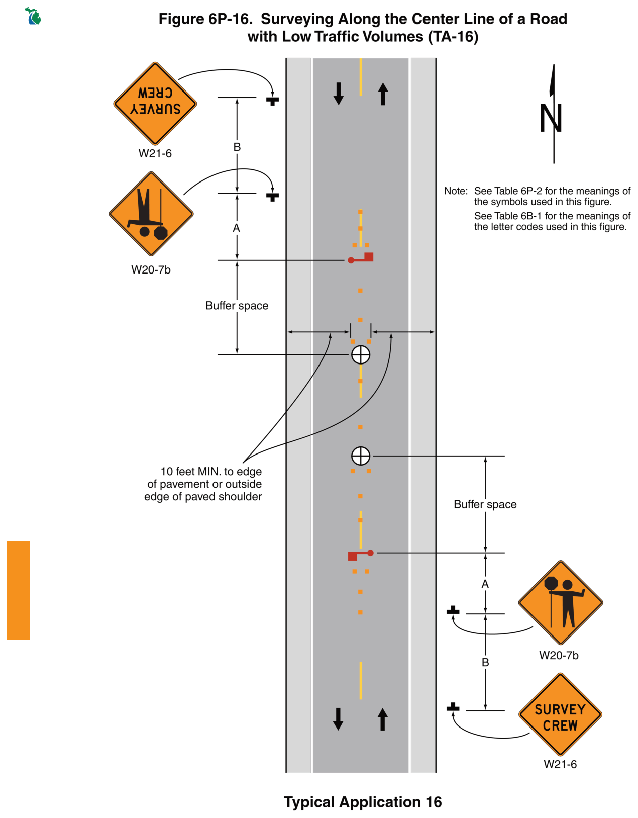 Figure 6P-16. Surveying Along the Center Line of a Road with Low Traffic Volumes (TA-16)