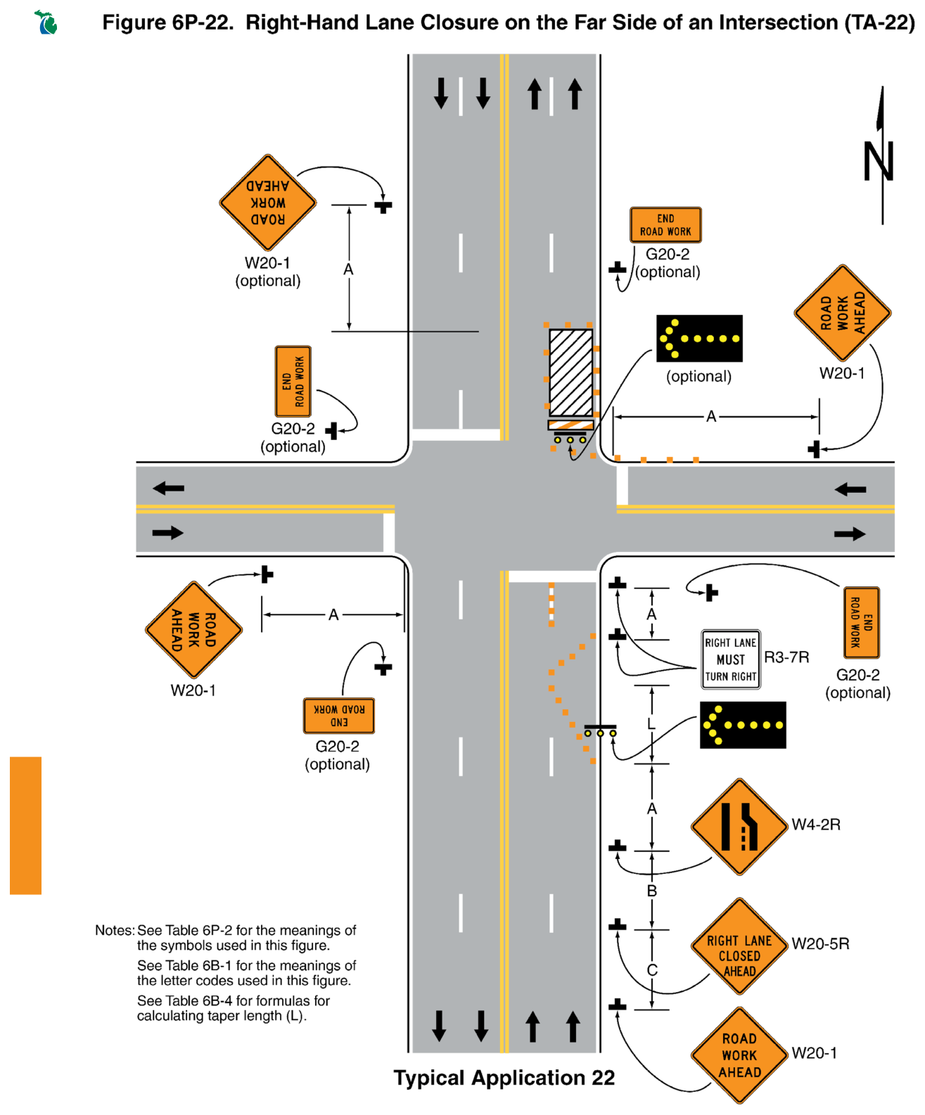 Figure 6P-22. Right-Hand Lane Closure on the Far Side of an Intersection (TA-22)