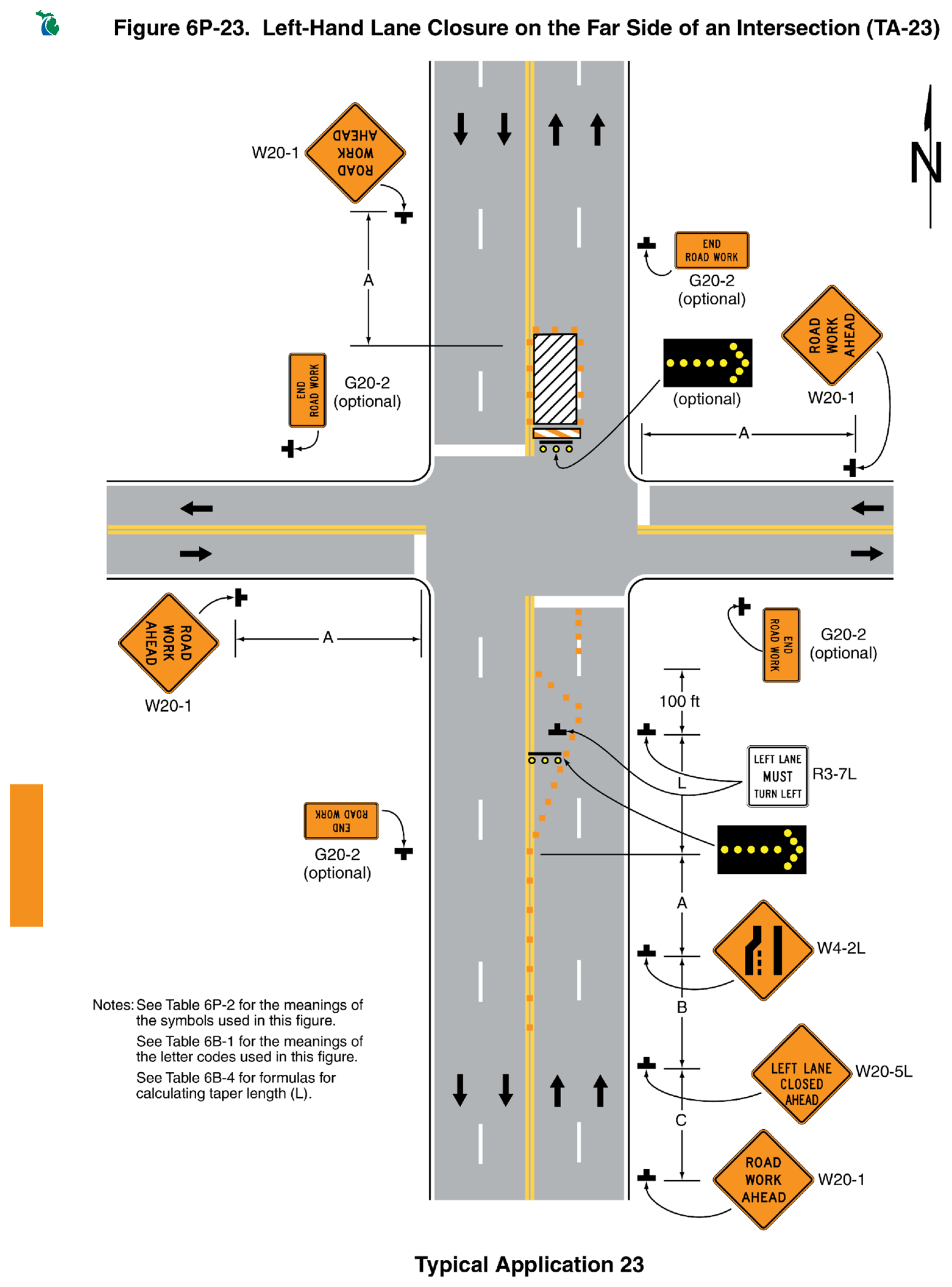 Figure 6P-23. Left-Hand Lane Closure on the Far Side of an Intersection (TA-23)